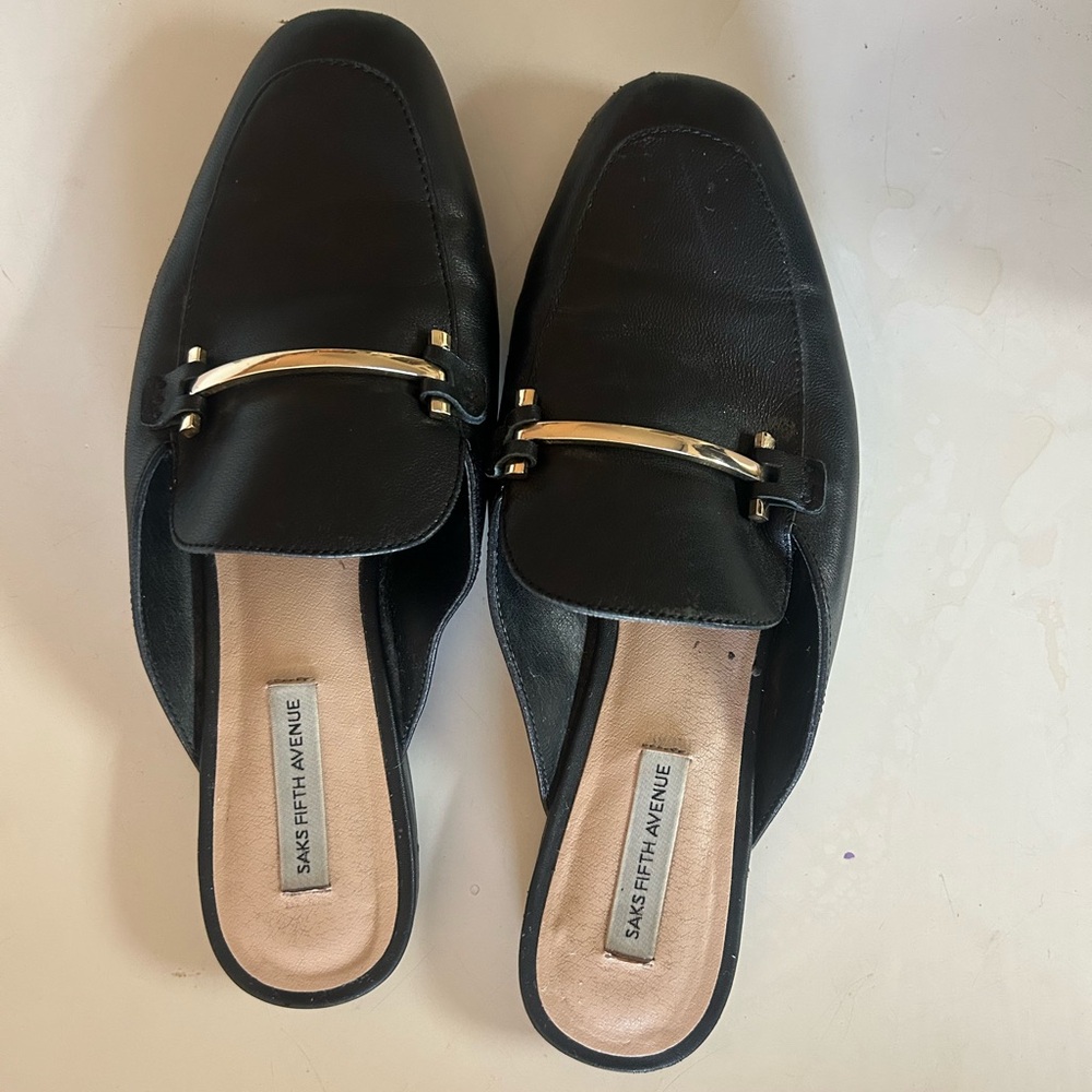 Saks Fifth Avenue Black Leather Loafer Mules with Gold Accent